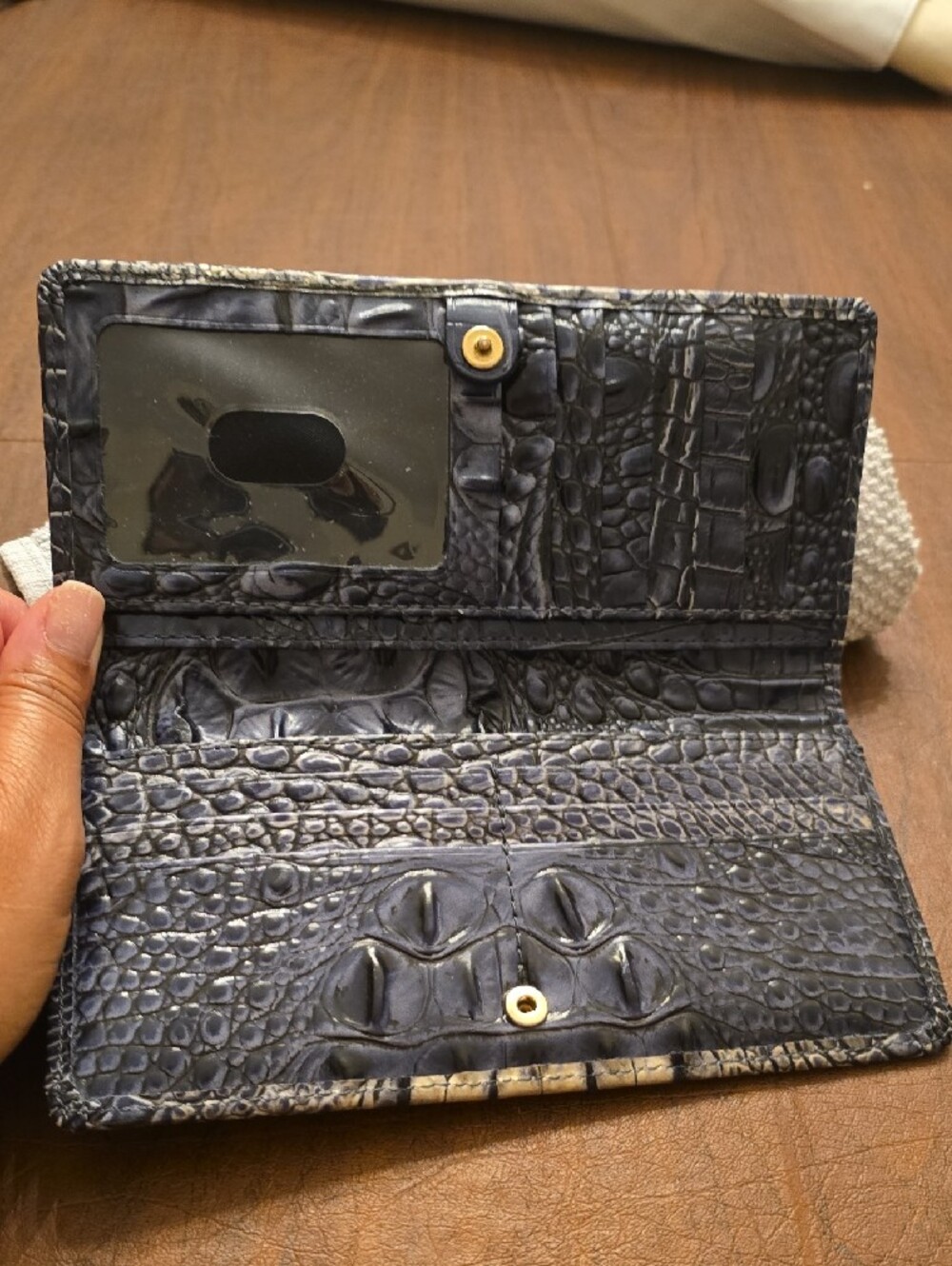 Brahmin Metallic Gray And Blue Croc-Embossed Wallet with Gold Plate - Picture 9 of 16